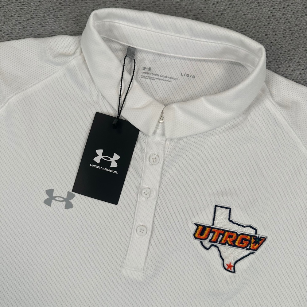 UTRGV Vaqueros Under Armour Polo Shirt Womens L White Team Tech Performance NEW